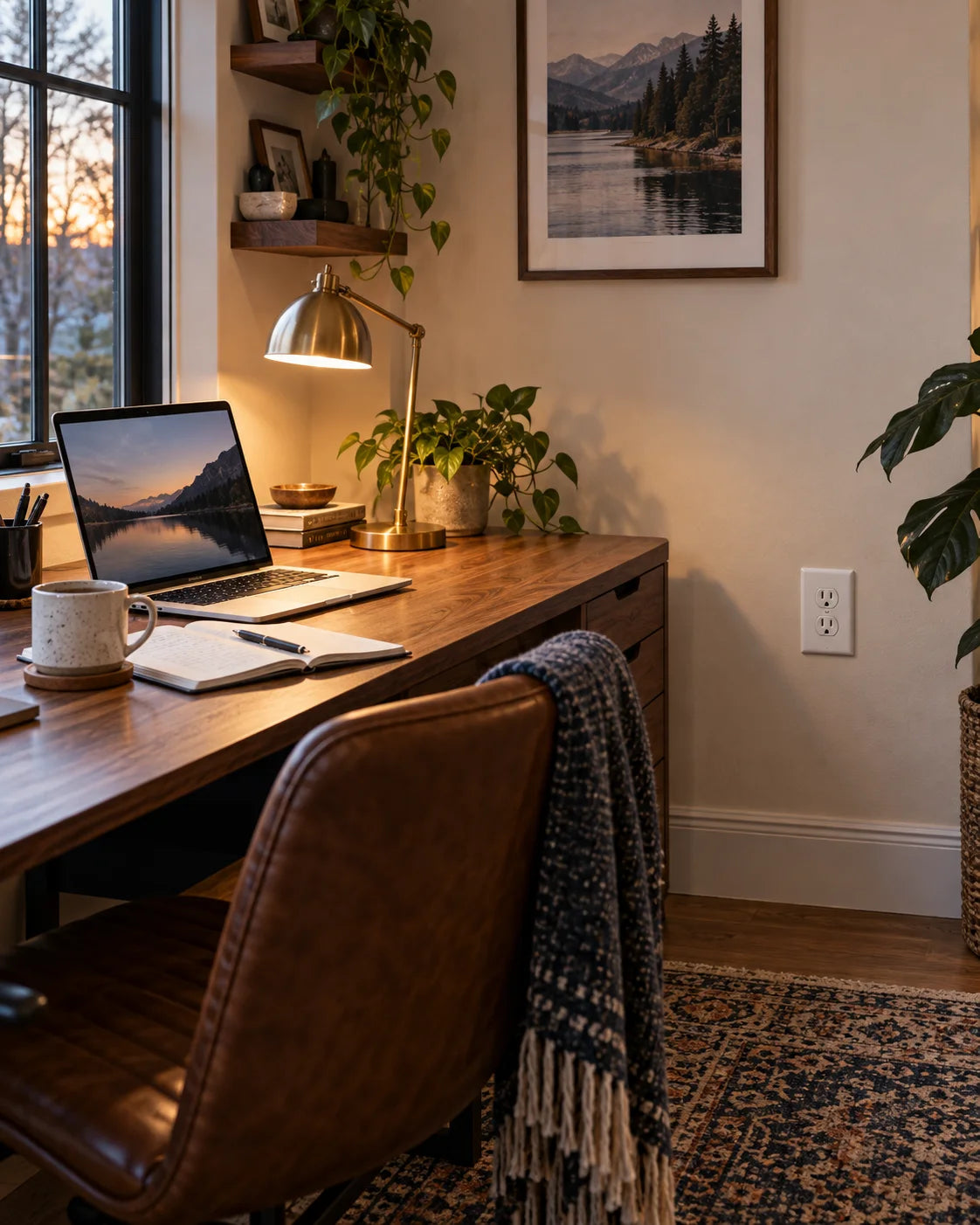 Late-afternoon home office with computer, lamp and visible wall outlet
